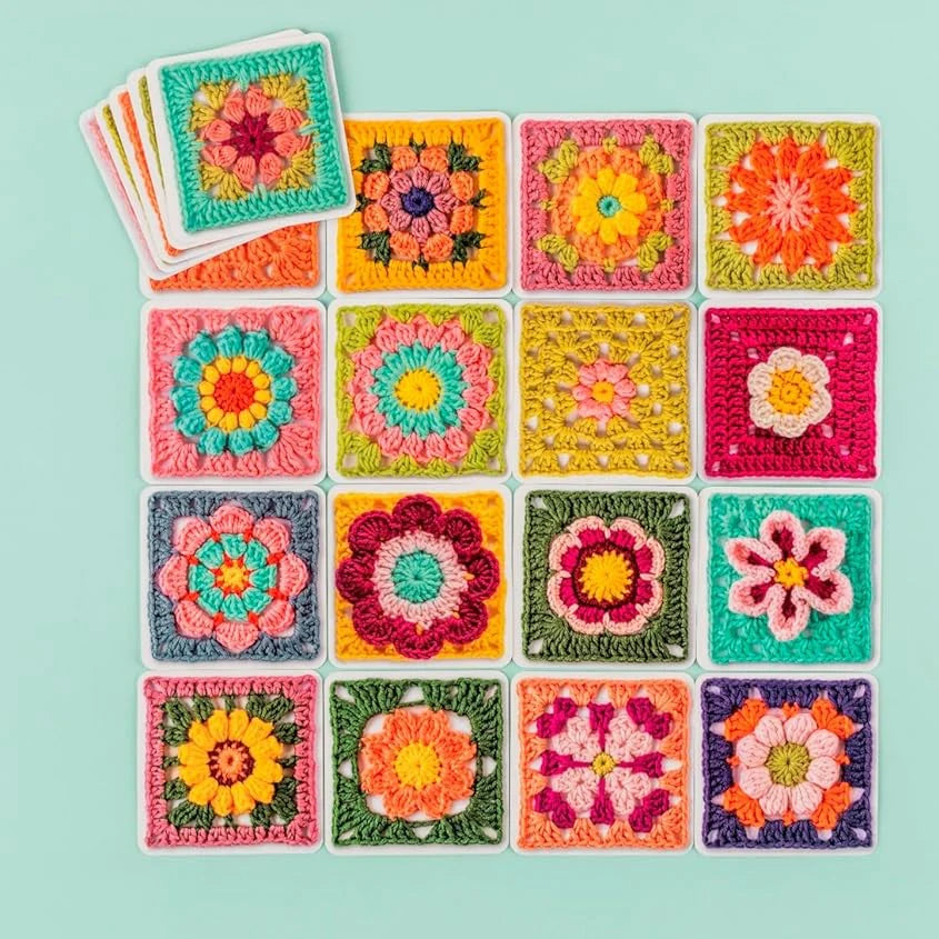 Set van 50 Granny Square-kaarten met gehaakte foto, ontwerpen voor Set van 50 Granny Square-kaarten met gehaakte foto, ontwerpen voor