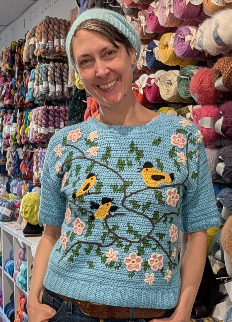 Tapestry crochet & surface decoration | Maud Lewis Yellow Birds sweater