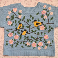Tapestry crochet & surface decoration | Maud Lewis Yellow Birds sweater