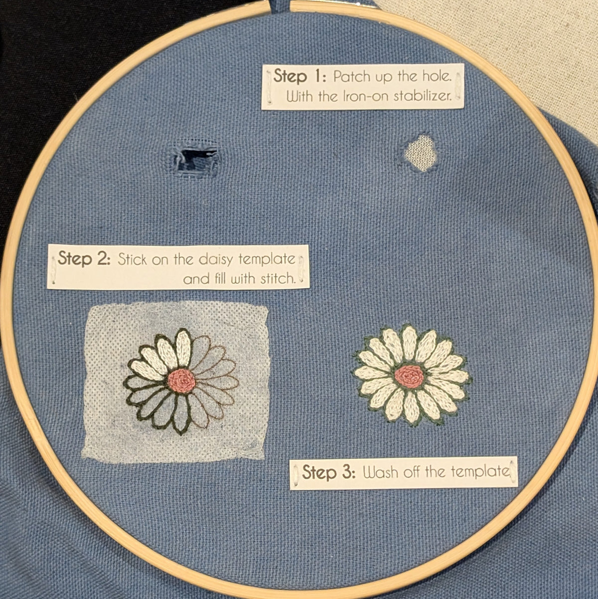 Designs by Sally | Stick and Stitch Daisy Patch and Repair Embroidery kit